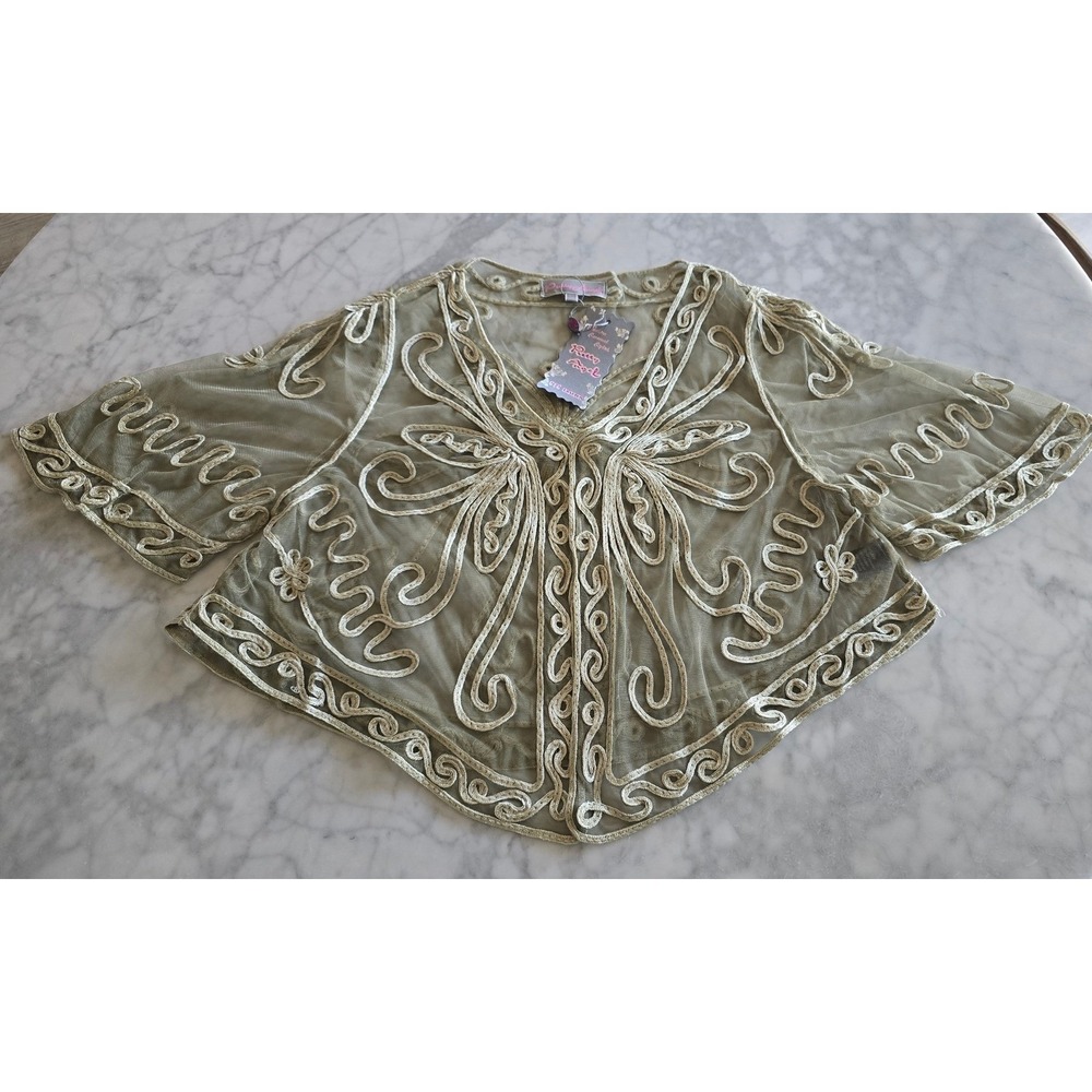 Pretty Angel Silk Blend Embroidered Mesh Shrug Bolero Sage Green NWT L